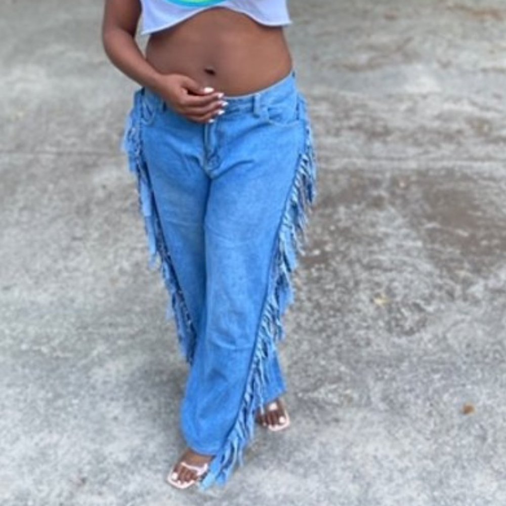 Denim Frill/Tassle Wide-Leg Pants
